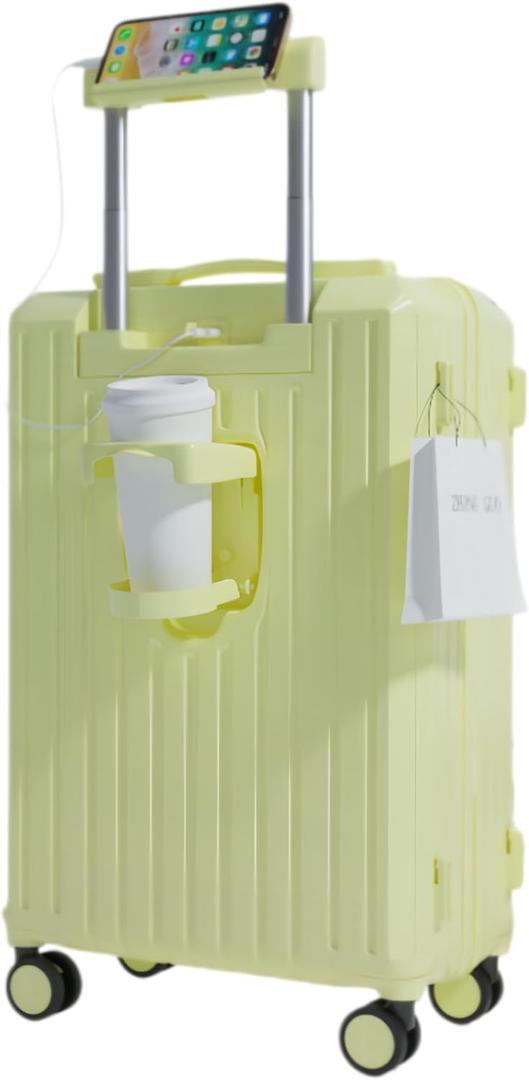 Carry-on Luggage with Cup Holder & USB Charging Port, Hard Side Luggage with Spinner Wheels, Lightweight Luggage for Travel, Business, School (Yellow, Carry-On 20-Inch)
