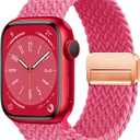 Magnetic Braided Loop Band Compatible with Apple Watch Series 11 10 46mm 9 8 7 6 5 4 42mm 44mm 45mm 49mm for Women Men, Stretchy Nylon Elastic Sport Strap for iWatch SE/Ultra 1/2/3, Orange Pink