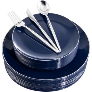 I00000 150Pcs Blue Plastic Plates,Hanukkah Plastic Plates,Navy Blue Disposable Plates with Silverware include 30 Dinner Plates10.25,30 Dessert Plates10.25,90 Silver Silverware Set for Party