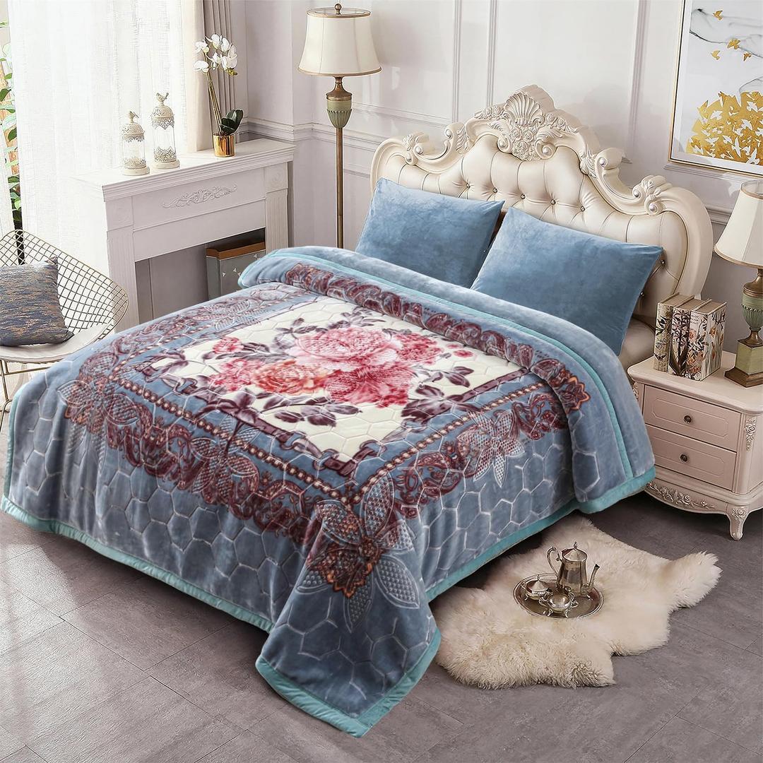 JML Korean Style Fleece Blanket King Size, 87" x94", 10.5 Pounds, Plush Raschel Heavy Blanket for Winter, 2 Ply A&B Floral Printed, Silky Soft Thick Warm (Grey-Blue Peony)