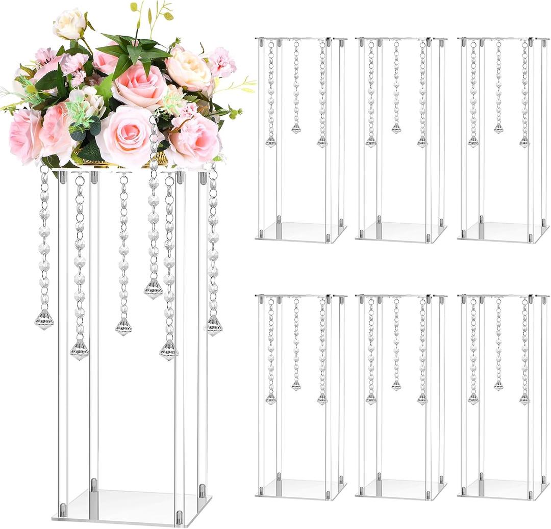 Yerliker 6 Sets High Wedding Flower Stand Acrylic Vase Wedding Centerpieces with Acrylic Hanging Crystals for Centerpieces and Small Plastic Ceiling Hooks for Birthday Party (20 Inch)