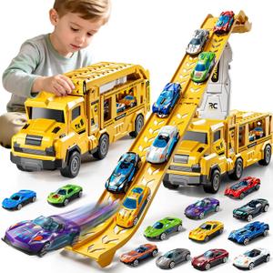 3-in-1 Kid Carrier Truck Toy Car Tracks for Toddlers 2-4 Years Old with 12 Racing Cars Toys, Foldable Chasing Race Track and Car Garage, Car Ramps Birthday Gift for Boys Girls 3-5 4-8(Yellow)