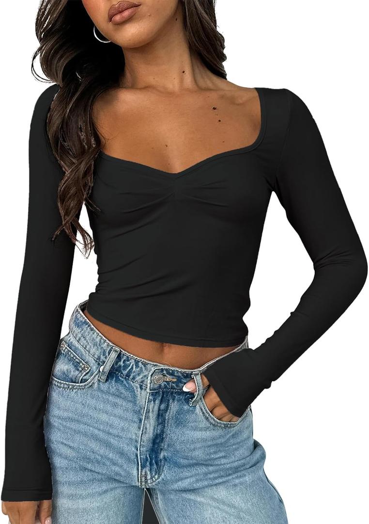 ForeFair Women's Sexy Long Sleeve Going Out Tops Pleated Bustier Shirt Cute Sweetheart Neck Y2K Cropped Top (Black) XS