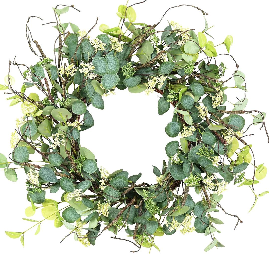 24 Inch Eucalyptus Foliage Spring Summer Wreath for Front Door, Summer Wreath for Grapevine Farmhouse with Silk Printing Dollar Leaves for Festival Celebration Front Door Wall Window Home Dcor (Green)
