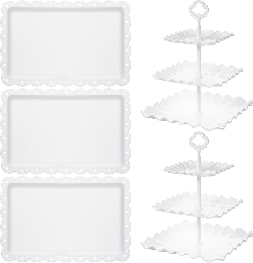 5 Pcs Dessert Table Display Set, Cupcake Stand, 5-Piece White Plastic Party Tray Set with 3-Tier Display, Dessert Tree Tower for Birthday Cady Bar Dcor Weddings, Parties Events