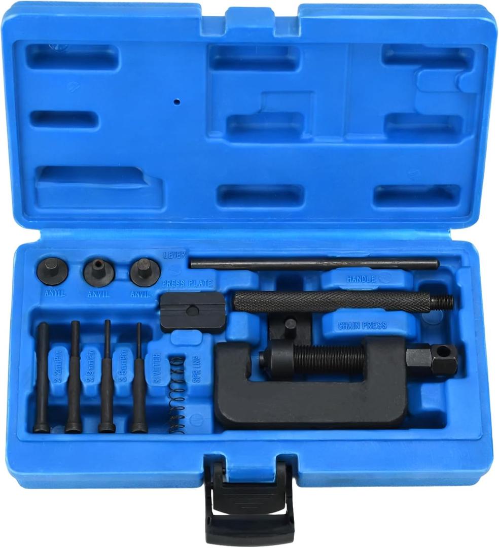 Professional 13-Piece Motorcycle Chain Breaker Tool Kit with 3 Anvils, Steel Pins, Riveter, Carrying Case for Bikes, ATVs