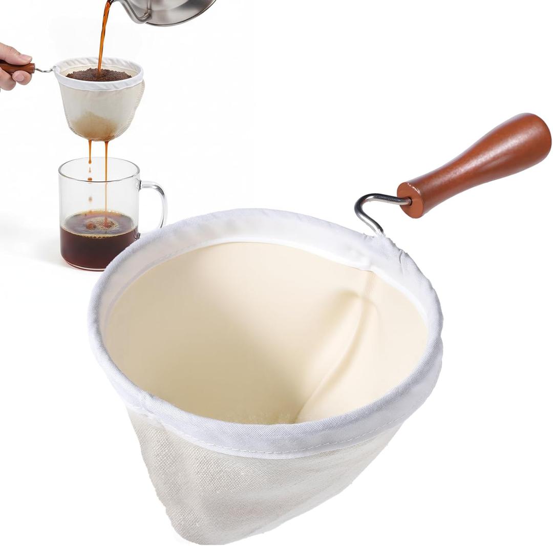 1Pcs Coffee Sock Strainer with Wooden Handle, 7.7 x 4.5 inches Washable Reusable Cloth Coffee Filter Cloth Strainer for Home Office Use