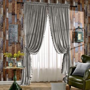 Melodieux Luxury Pom Poms Velvet Curtains for Bedroom Living Room, Vintage Room Darkening Rod Pocket Window Decorative Drapes, 52" W x 84" L, Gray (2 Panels)