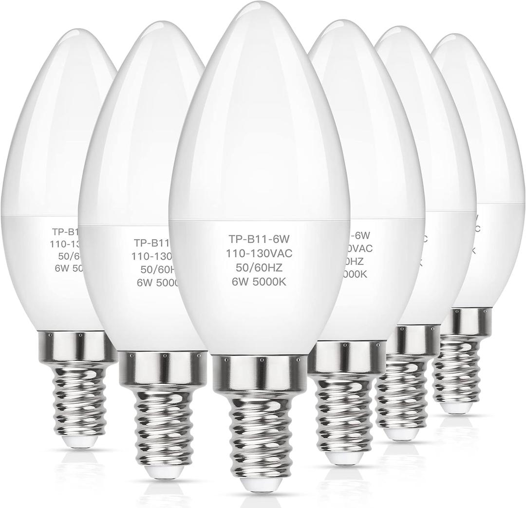 MAXvolador E12 LED Candelabra Light Bulbs 60W Equivalent, Daylight White 5000K 600 Lumen Chandelier Bulb, 6W B11 Candle Base, Non-Dimmable, Pack of 6