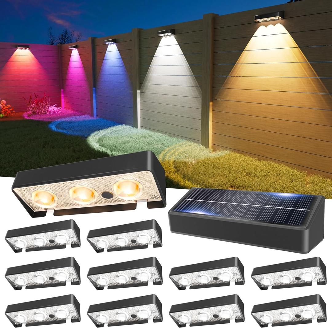 JOFIOS Solar Fence Lights 12 Pack, Warm White, Cool White and RGB Color Glow LED Solar Light, IP65 Waterproof Fence Lights Solar Powered for Patio, Backyard, Railing, Deck and Wall