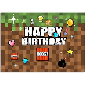 Pixel Backdrop Happy Birthday Party Decoration 7x5Ft Video Game Themed Banner Gaming Gamer Photo Background for Kids Boy Cake Table Supplies Favors