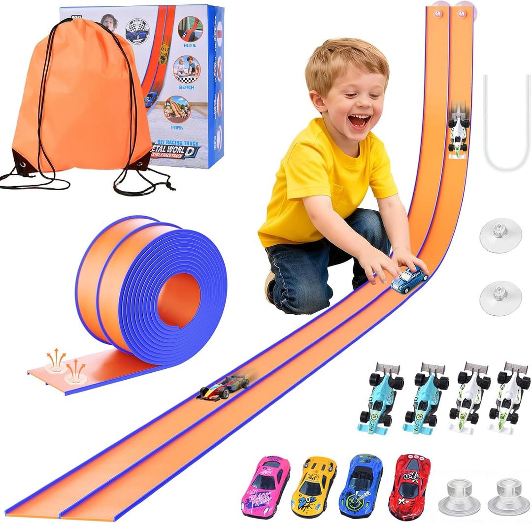 Flexible Race Track Toys for Kids  15ft Roll-Up Car Racetrack with Suction Cups | Portable DIY Road Playset Compatible with 1:64 Scale Diecast Cars | Christmas Birthday Gifts for Boys & Girls Aged 3+ (Orange and Blue)