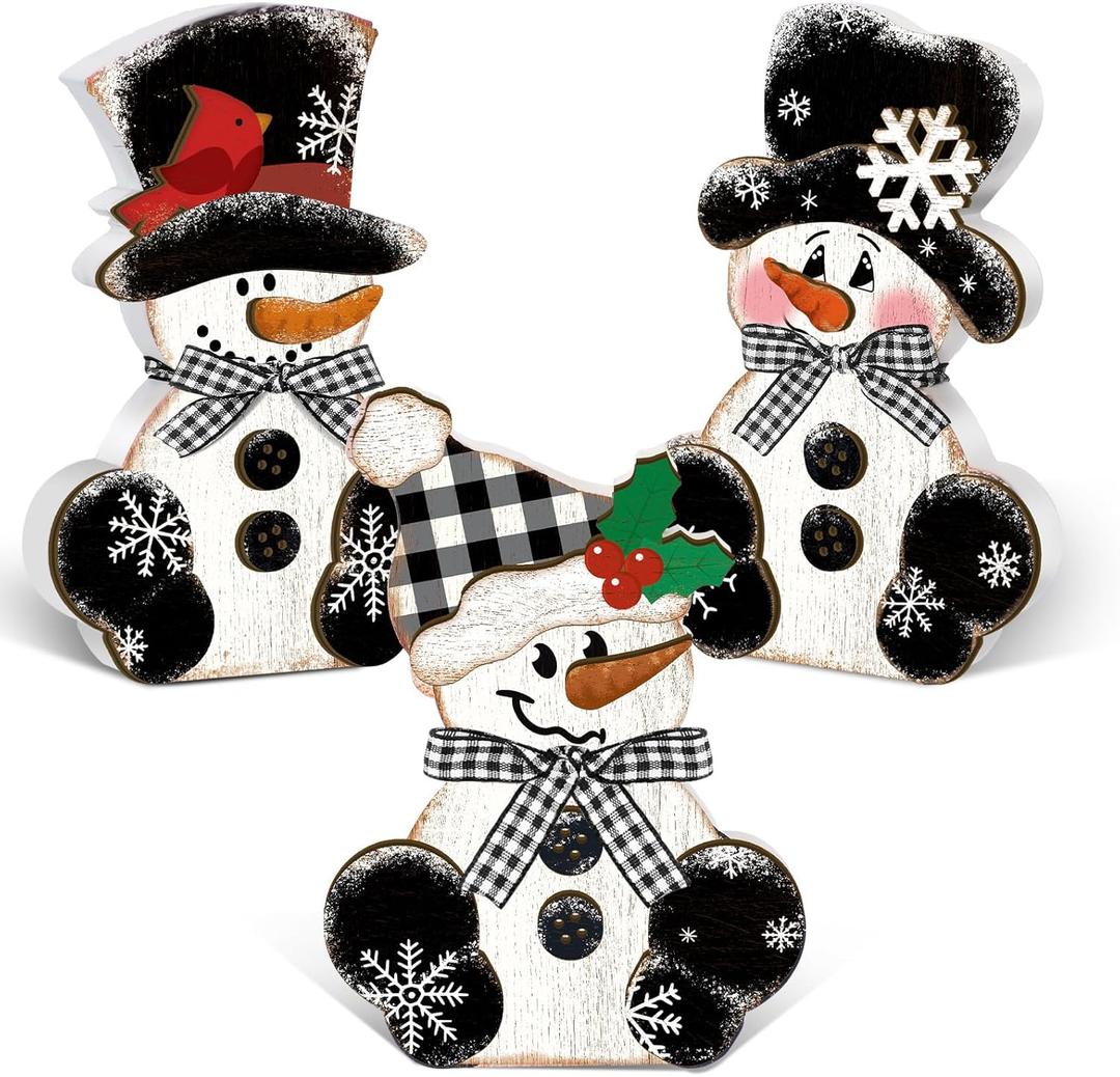 3 Pcs Winter Snowman Wooden Table Decorations Centerpiece Block Holiday Wood White and Black Winter Snowman Tiered Tray Tabletop Sign for Office Dining Room Mantle Party Supplies Home