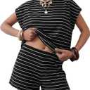 EXLURA Womens 2 Piece Sweater Sets Stripe Cap Sleeve Knit Tops Shorts Set Faux Cashmere Summer Beach Vacation Cruise Outfit, XS