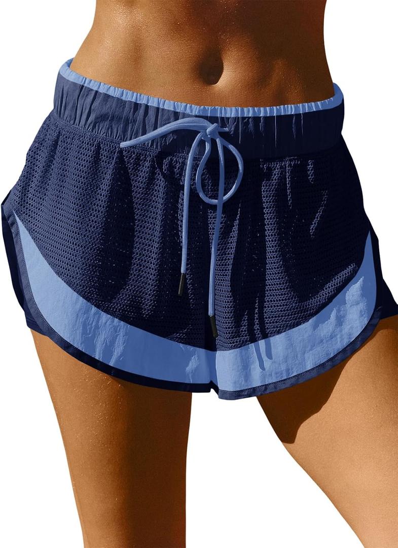 Fisoew Women Athletic Shorts 2 in 1 Running High Split Color Block Workout Yoga Mesh Shorts Pocket Drawstring (Blue, L)