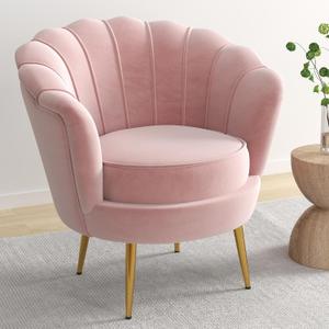 DAGONHIL Mid Century Modern Upholstered Accent Chair,Petal Vanity Chair,Retro Leisure Velvet Single Sofa with Golden Metal Legs for Living Room/Bedroom(Light Pink)