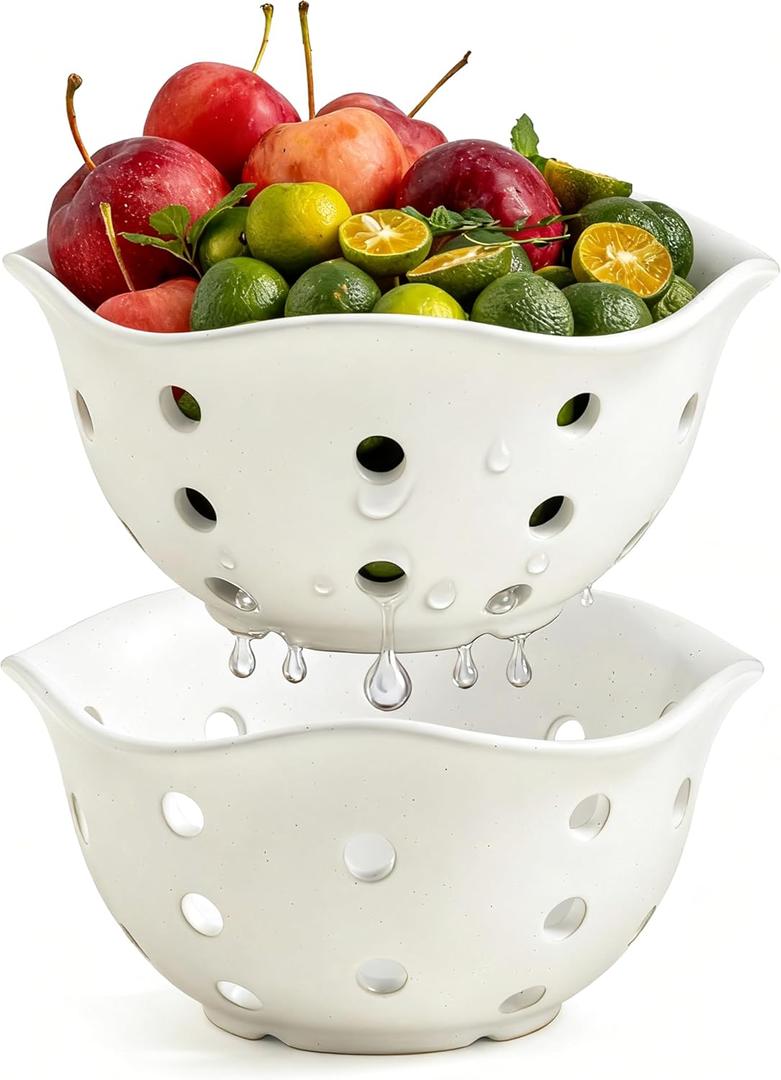 Gomakren Fruit Basket Set of 2, Ceramic Fruit Bowl Berry Basket with Holes, 7.6 Inch Fruit Containers Colander for Fridge - Farmhouse Kitchen Decor, Mothers Day Gifts, Cream White