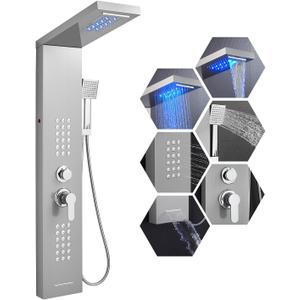 Rainfall LED Shower Panel Tower - 5-in-1 Shower Tower System with Waterfall Shower Head, Powerful Body Jets, Handheld and Tub Spout, Stainless Steel Shower Column, Brushed Finish