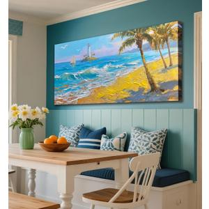 Brushart Beach Nautical Wall Art for Living Room Large Coastal Bedroom Pictures Paintings Wall Decor Ocean Textured Artwork for Dining Room Walls Home Office, 48"x24"