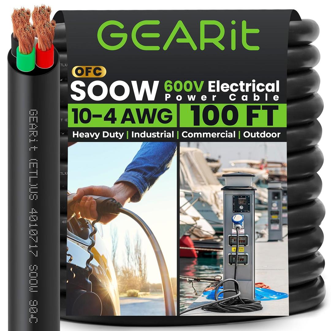 GEARit 100 ft SOOW Portable Power Cable 10/4 Gauge, 10 AWG 4-Conductor 600V Electrical Wire, Flexible Rubber Cord for Generators, Motors, Welder Machines, EV Chargers, Industrial Outdoor Use