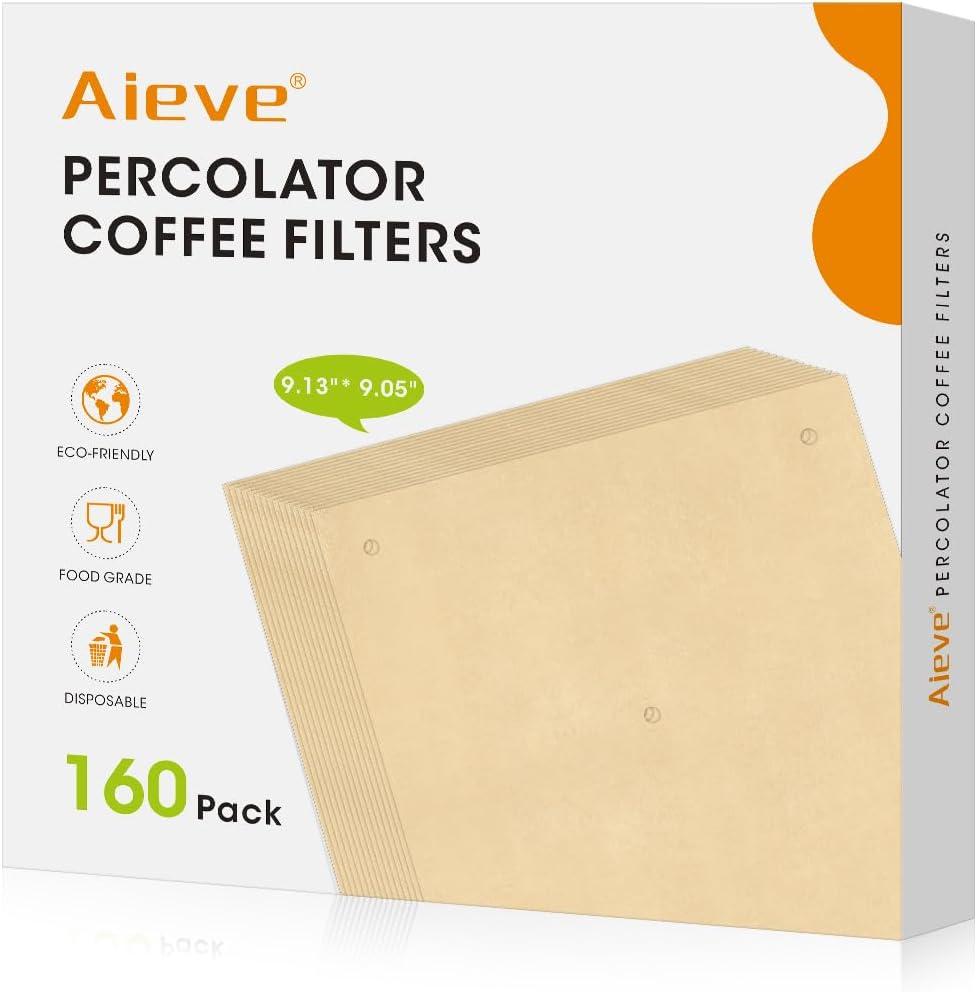 Aieve 160 Count Percolator Coffee Filters, Unbleached Perforated Filter Paper for Electric Coffee Percolator Pots, Universal Wrap-Around Percolators Filters,9  9 Inch (Natural)