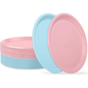 Aodaer 36 Pack Gender Reveal Disposable Plates For Party 10 x 12 Inch Baby Shower Tableware Light Pink & Light Blue Plastic Oval Plates for Baby Shower Gender Reveal Wedding Birthday Party Decor