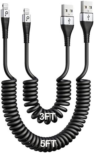 iPhone Charger Cable for Car (3FT/5FT), 2Pack Coiled Lightning Cable, [Apple MFi Certified] Retractable Charging Cord Compatible with iPhone 14/13/12/11 Pro Max/XS MAX/XR/XS/8/iPad/iPod/CarPlay