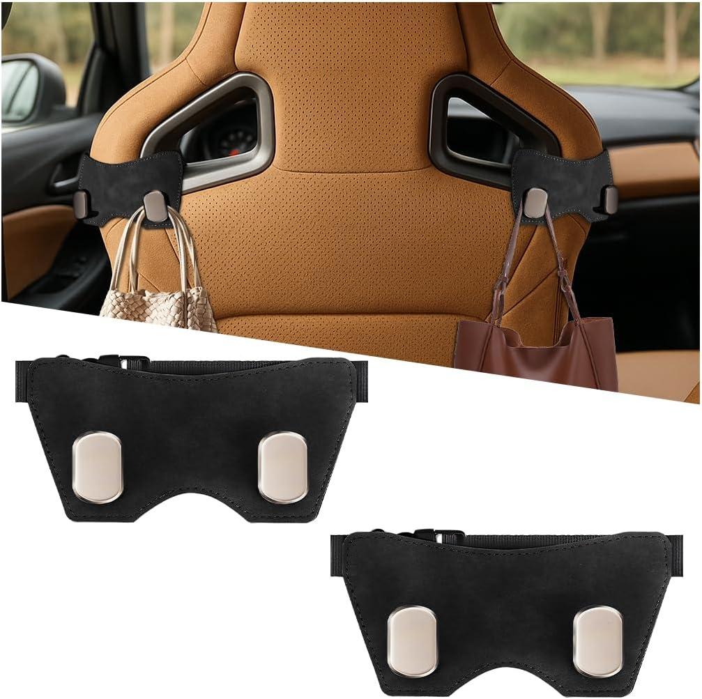 Car Headrest Hook, 2PCS Suede Vehicle Back Seat Storage Hanger with Double Metal Hook, Automotive Seatback Organizer for Purse Handbag Coat, Compatible with Most Sport Seat (Black)