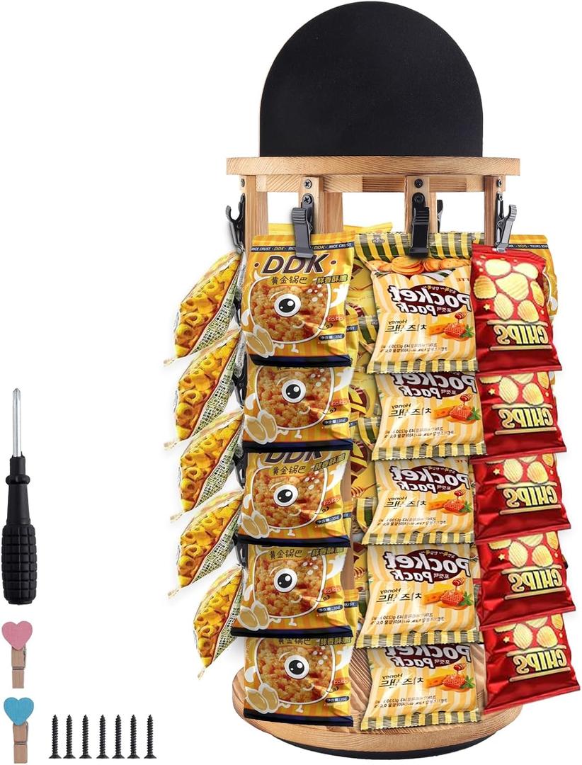 Chip Rack Display Stand, 5 Tiers 40 Clips Snack Organizer, 360 Rotating Wooden Base Chip Holder Snack Holder for Pantry, Countertop, Concession Stand, Vendor and Retail Store
