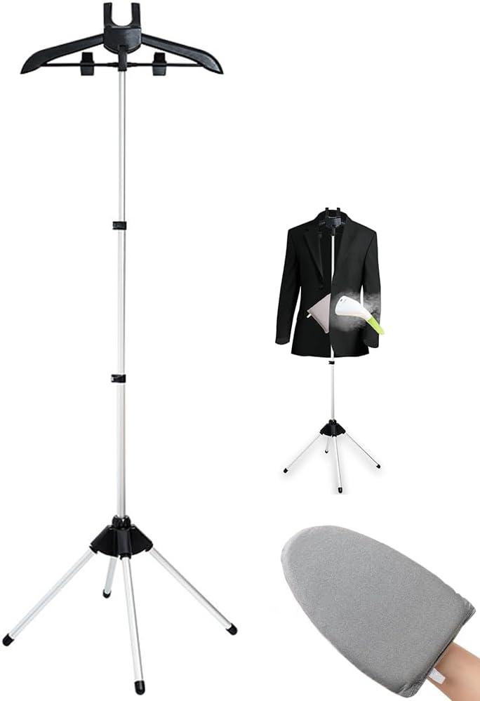 Foldable Garment Steamer Stand with Ironing Gloves for Clothes,Adjustable Steamer Rack with Two Clips for Suit Shirt Overcoat Vest,Steam Iron Stand for Bedroom Cloakroom,Steamer Hanger for Travel