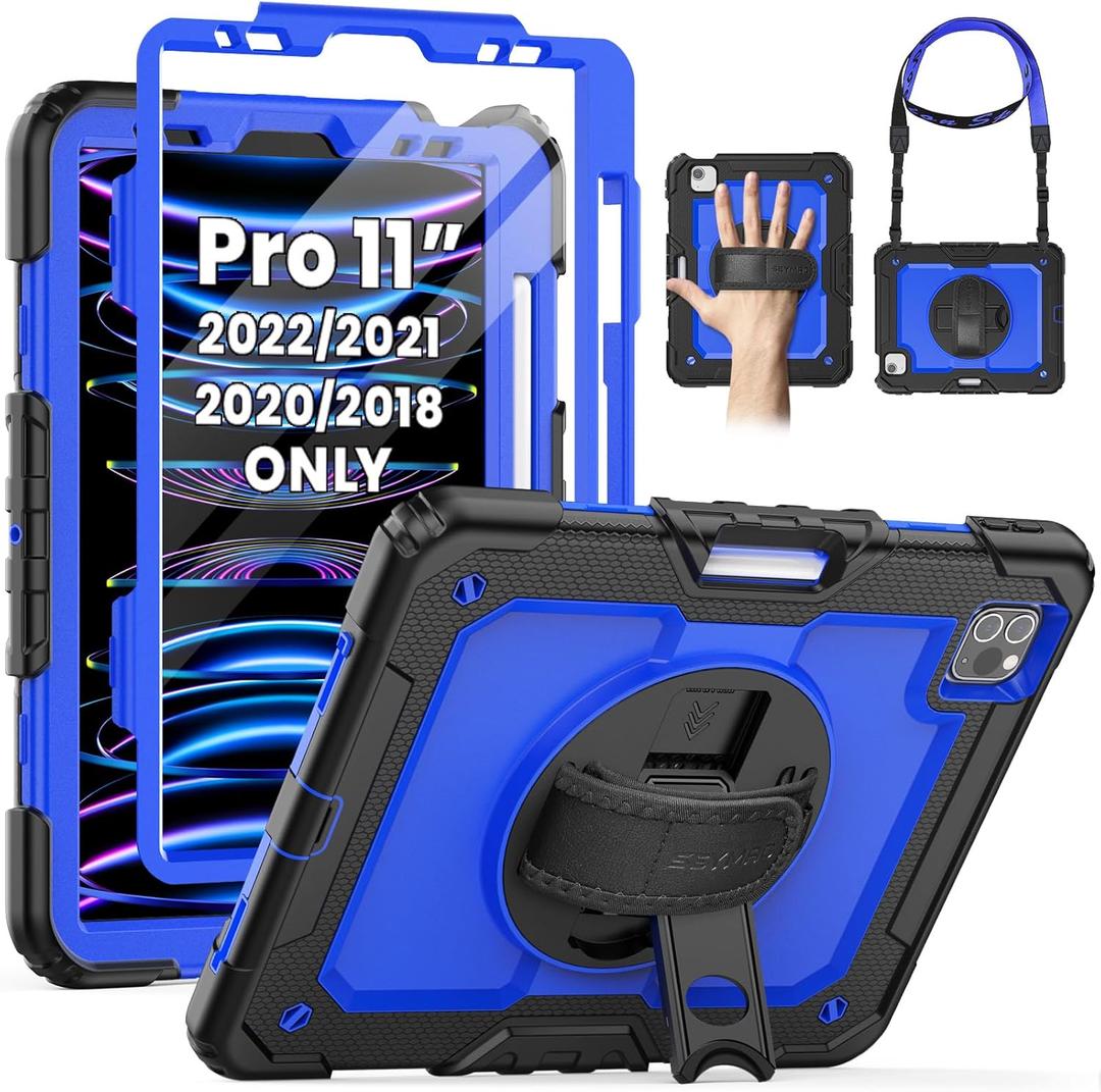 SEYMAC Case for iPad Pro 11 Case 4th/ 3rd/ 2nd/ 1st Gen (2022/2021/2020/2018), Full-Body Shockproof Protective Case with Screen Protector, 360 Rotating Stand and Hand/Shoulder Strap, Blue