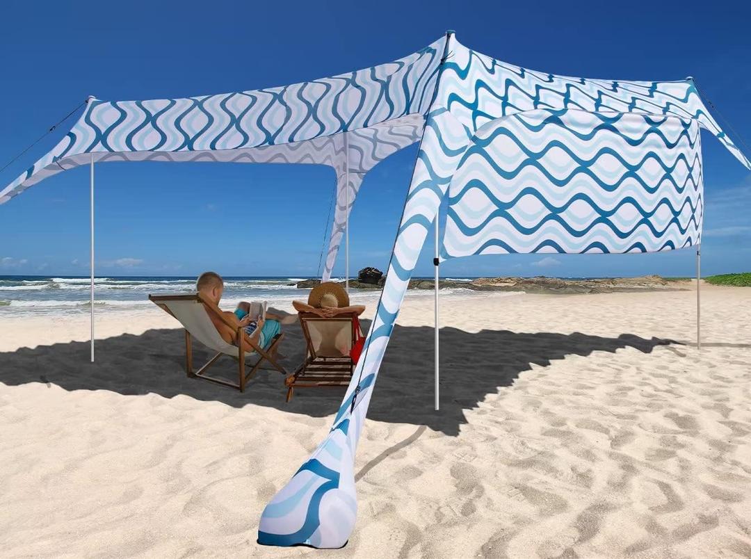 Beach Canopy Tent Shade with Sidewalls 10x10FT, 6.6FT Tall, UPF50+ Sun Shelter, Windproof & Water Resistant, Includes Guylines Sand Shovel Stability Poles, Easy Up for Beach Outdoor Camping Backyard (Ripples)