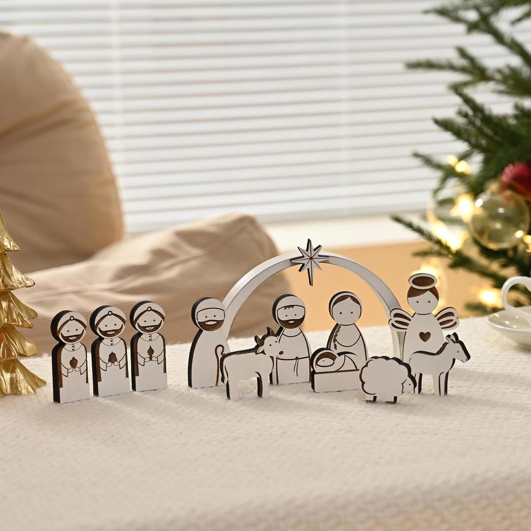 Wooden Nativity Set for Kids, 12Pcs Christmas Nativity Scene, Small Minimalist Nativity Figurines for Kid DIY Coloring, Tabletop Nativity Set for Christmas Decoration, Unique Gift (White)
