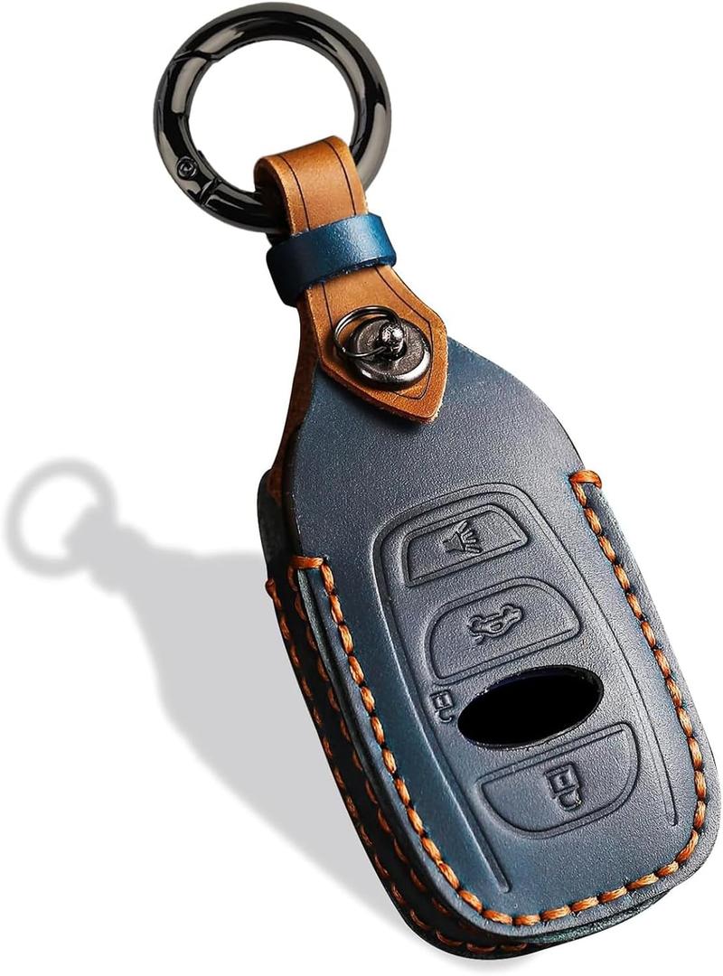 Leather Key Fob Cover, Compatible with Subaru Forester CrossTrek Outback Ascent Legacy Impreza WRX BRZ STI, etc, Retro Style No Screw Design Smart Key Holder Protector(4 Button, Blue)