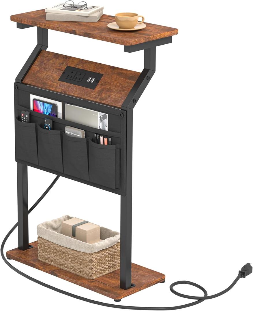 Narrow Side Table with Charging Station, Compact Side Table for Small Spaces, Couch Table with Storage Bag for Living Room, Bedroom, Rustic Brown
