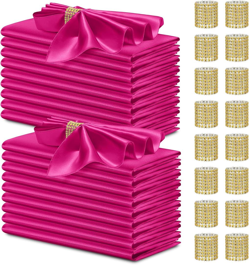 40 Pack Satin Napkins and Napkin Rings Set of 20 Hot Pink Satin Table Napkins 17 x 17 Inch, 20Pcs Silky Cloth Napkins for Wedding Party Banquets Dinner