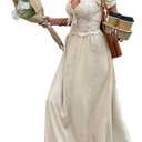 SHENHE Women's Lace Deep V Neck Puff Short Sleeve Tie Bow Backless A Line Flowy Maxi Dress (M)