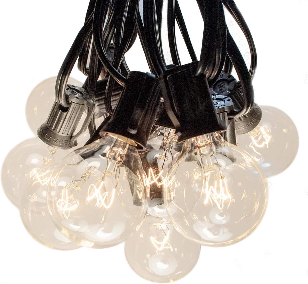 50 Foot Globe String Lights - Set of 50 G40 Clear Bulbs - Black Wire (+ 2 Free Spares) for Patio Deck Gazebo Cafe and Party Lighting