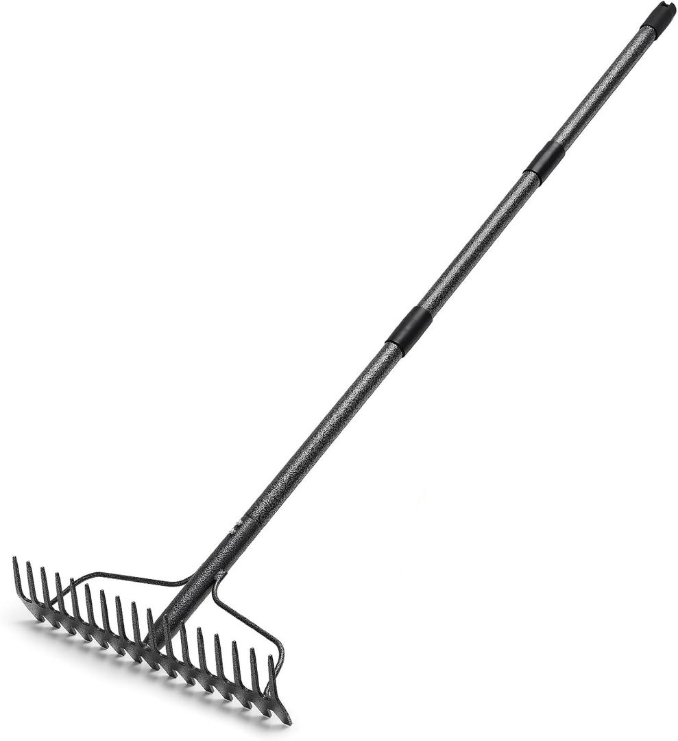 Garden Rake, 6FT Bow Rake Heavy Duty Leveling Rake with Adjustable Handle, 17 Tines Wide Head Metal Thatch Rake for Gardening Leaves Lawn Yard Mulch Rake