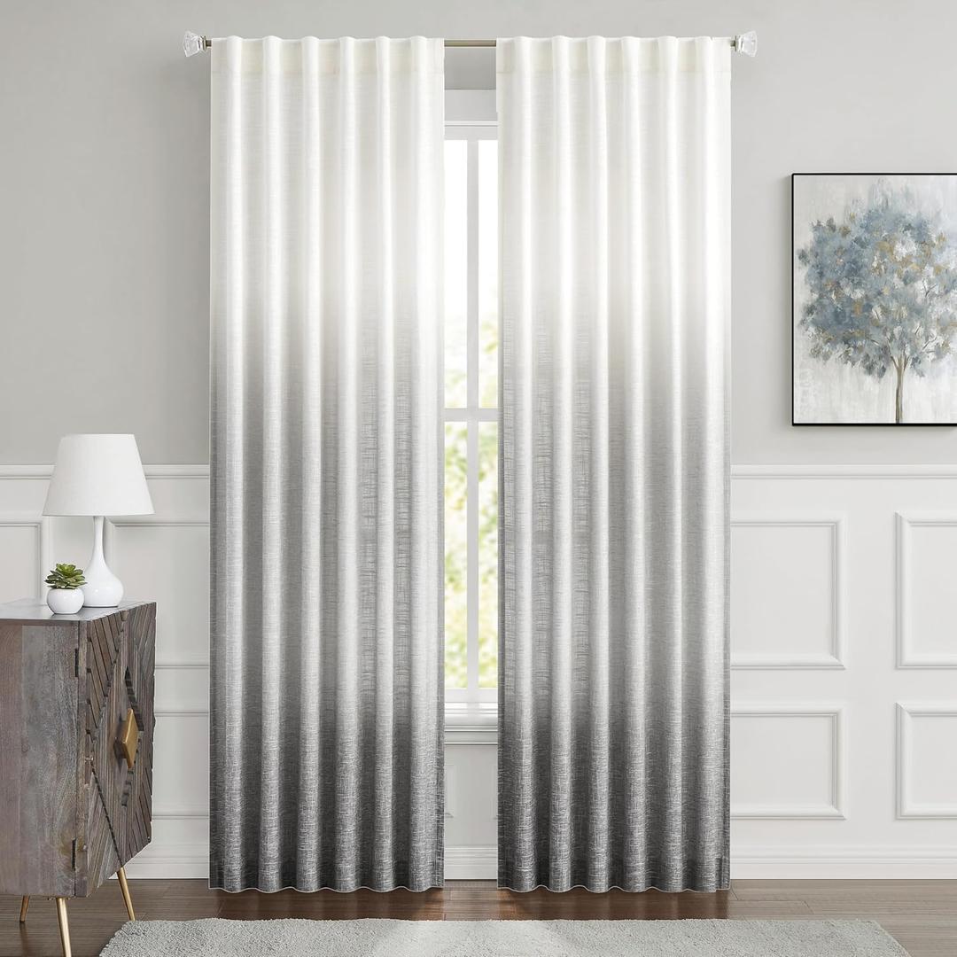 Central Park Ombre Window Curtain Panel Linen Gradient Print on Rayon Blend Fabric Backtab Rod Pocket Drapery Treatments for Living Room/Bedroom, Cream White to Gray, 50" x 84", Set of 2 (Grey)