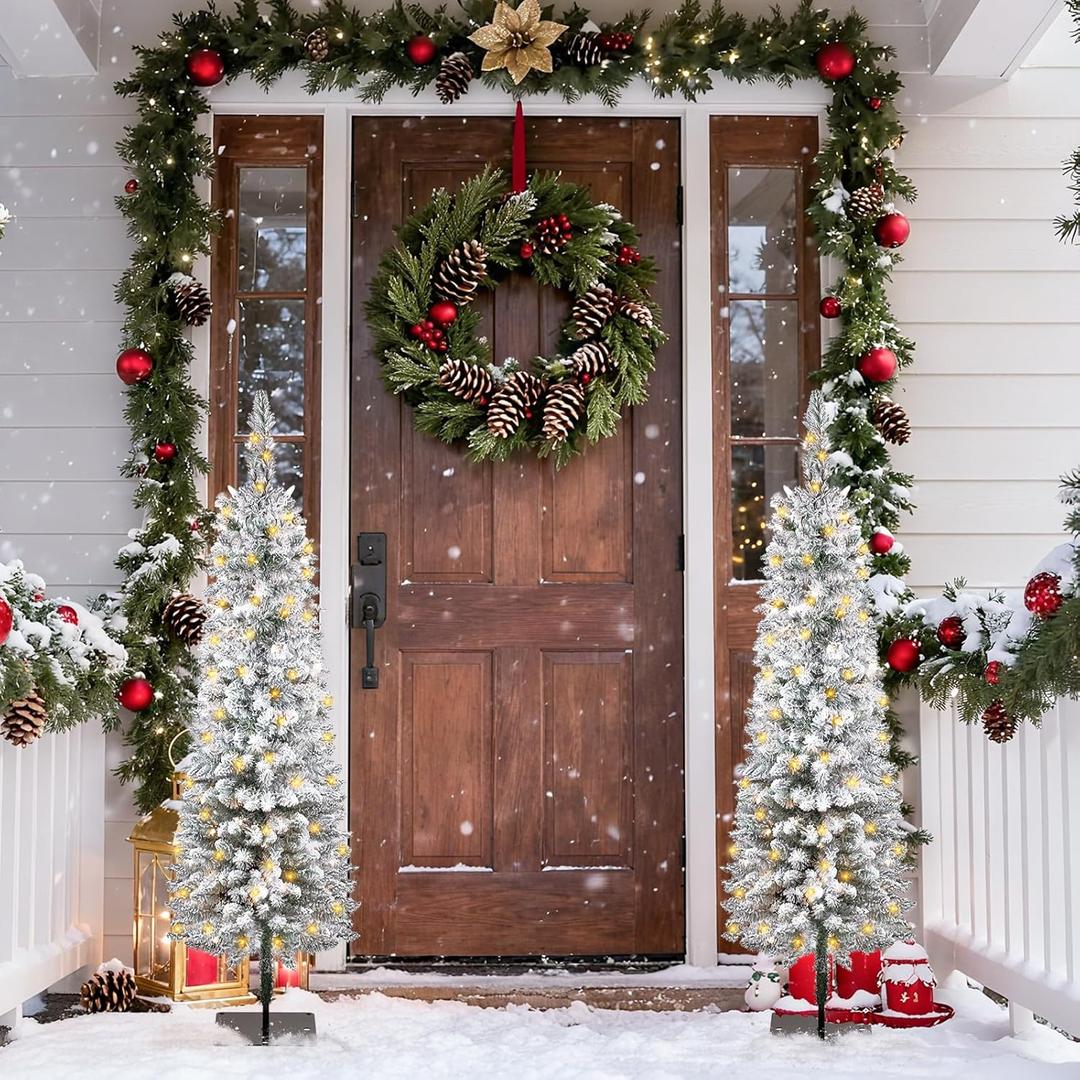 QBA 2 Pack 4FT Prelit Flocked Christmas Tree, Slim Pencil Christmas Tree with 200 Warm White Lights, 190 PVC Branches, Artificial Xmas Tree for Home Office Porch Party Holiday Decoration