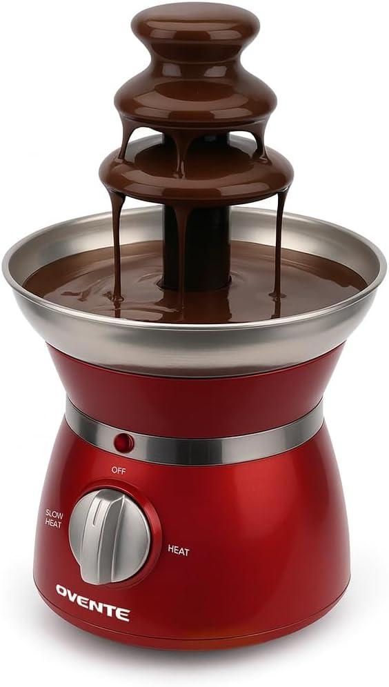 OVENTE 3 Tier Chocolate Fondue Fountain Machine, Stainless Steel Electric Mini Choco Warmer for Parties, Melts Cheese, Liqueurs, Dip Strawberries, Apple Wedges, Vegetables, Candy and More, Red CFS73R