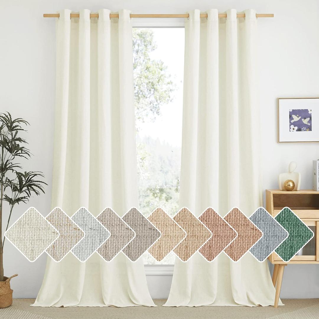 NICETOWN Thick Flax Linen Curtains for Living Room, Rustic Ring Top Semi Sheer Panels Privacy Assured Semi Sheer Linen Blend Drapes for Kids Room/Bedroom, Cream, W55 x L96, 1 Pair