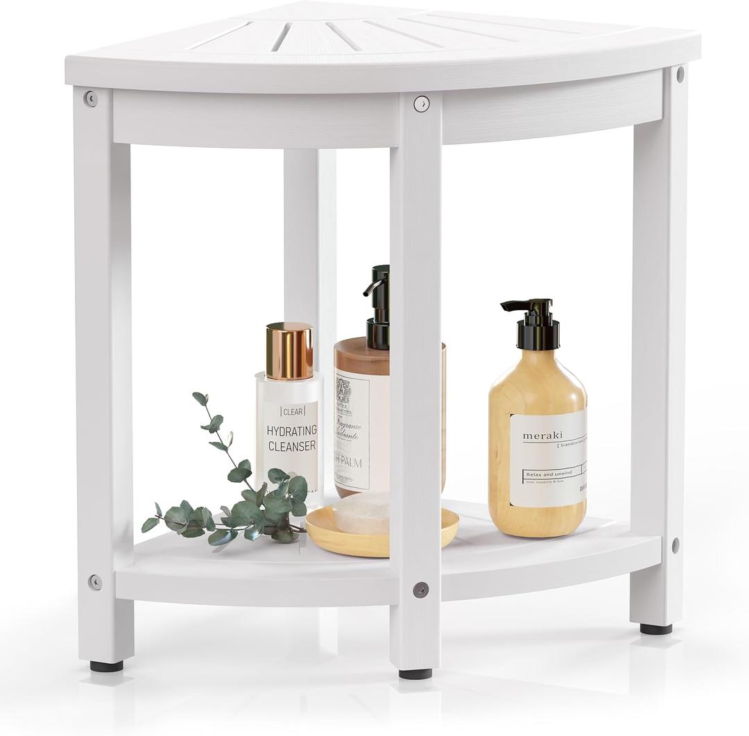 Waterproof Corner Shower Stool for Inside Shower, Poly Lumber Shower Bench Seat Chair, Bath Shower Stool for Shaving Legs Foot Rest with Storage Shelf, Adjustable & Non-Slip Feet, White