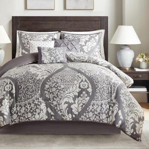 Madison Park Vienna Sateen Cotton Comforter Set, Breathable, Soft Cover, Trendy, All Season Down Alternative Cozy Bedding with Matching Shams, King, Grey 7 Piece