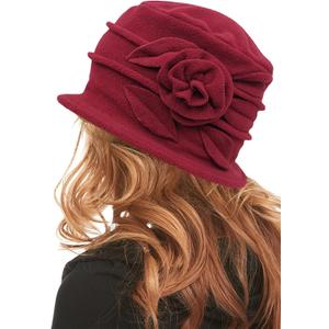 Polar Fleece Fashion Women-Cloche-Hat, 1920s Vintage Womens-Felt-Hat, Floral Winter Fall Spring Church-Hats for Women Elegant Burgundy, Medium