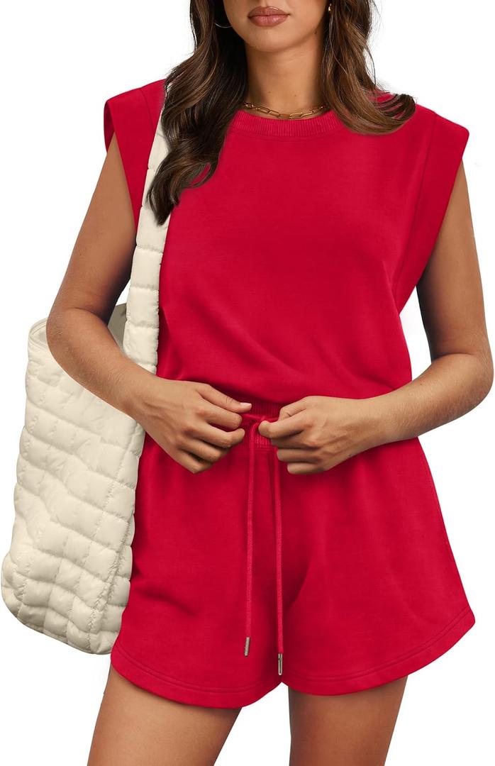 OFEEFAN Rompers for Women Summer Cap Sleeve Adjustable Drawstring Waistband Crewneck Casual Outfits with Pockets (Medium, Red)