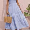 BTFBM Summer Dresses 2026 Spring One Shoulder Floral Flowy Sundresses for Women Sleeveless Smocked Boho Beach Maxi Dress (Blue, L)