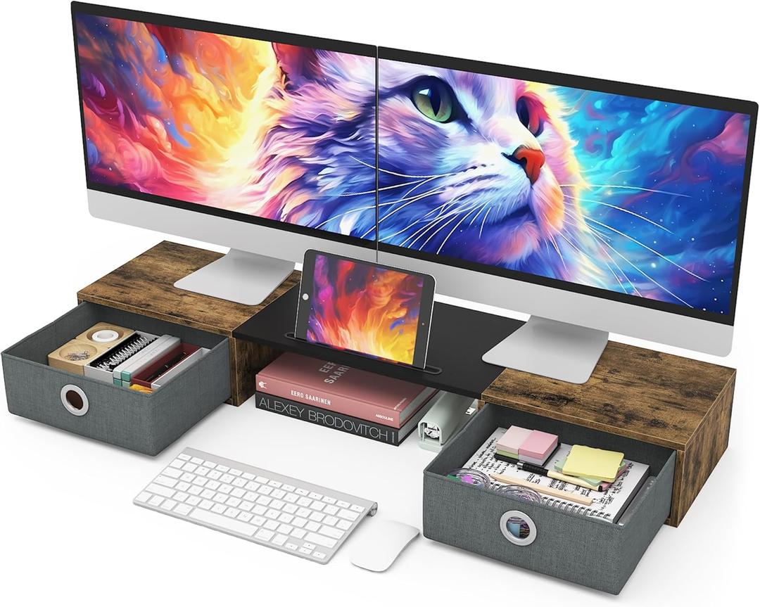 WESTREE Dual Monitor Stand Riser with Two Drawers, Extra Large Storage for 2 Monitors, Desktop Oraganizer Computer,Laptop,Screen,Printer,TV (Rustic Brown)