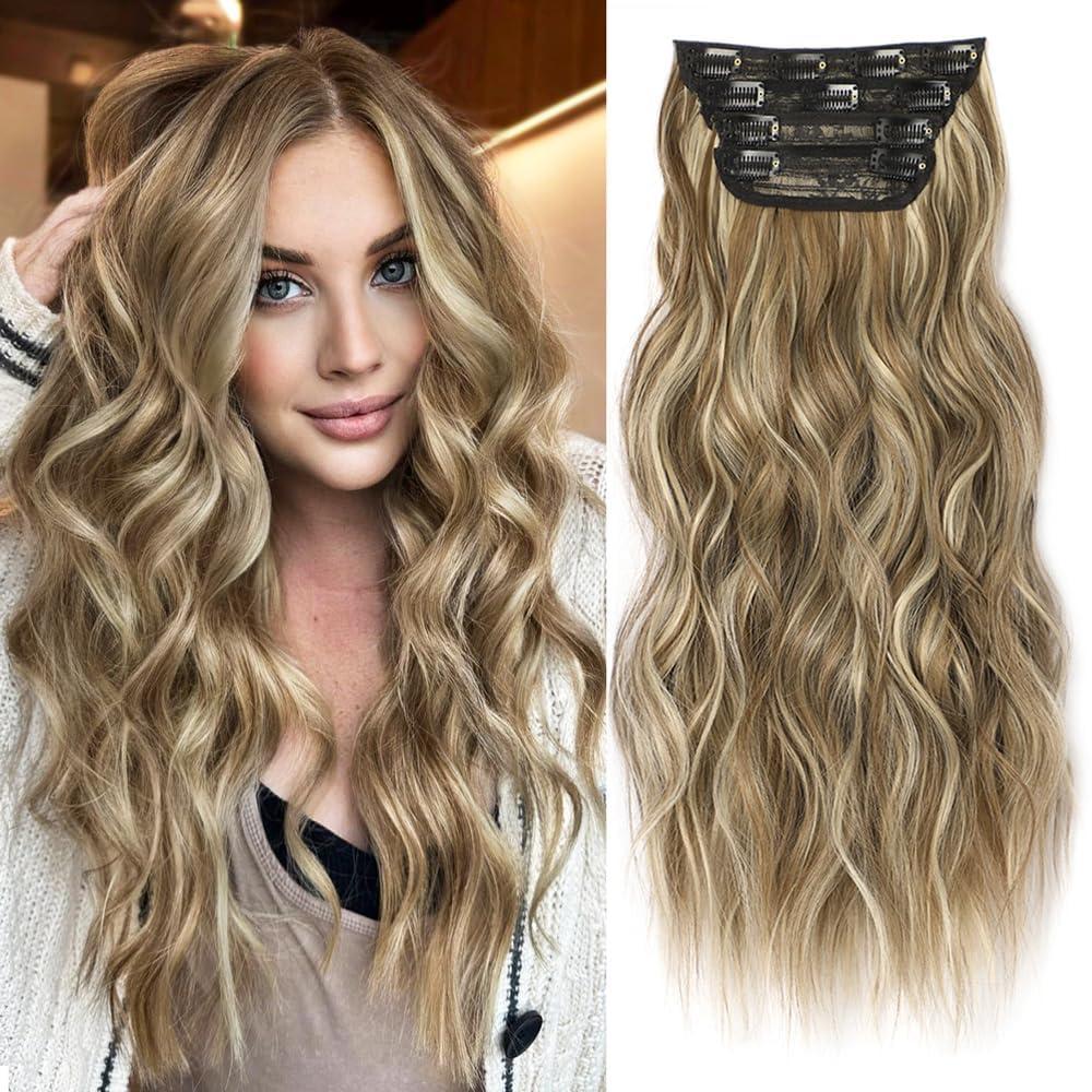 ALXNAN Clip in Long Wavy Synthetic Hair Extension 24 Inch Medium Brown Ash Blonde 4PCS Thick Hairpieces Fiber Double Weft Hair for Women